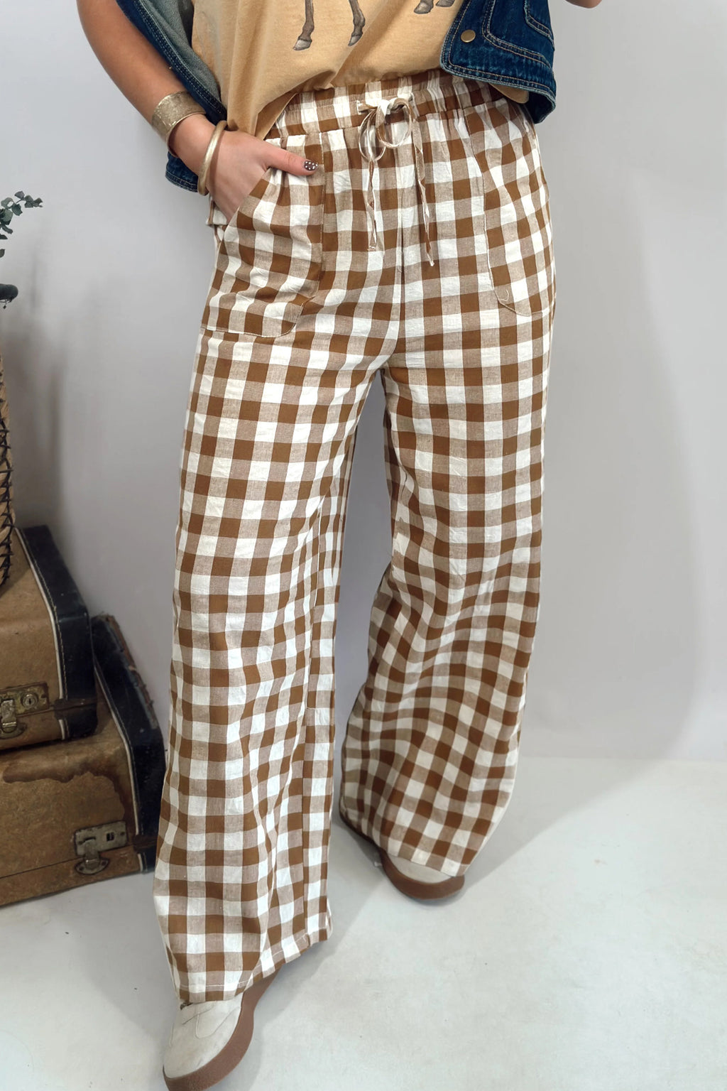 Blue Gingham Plaid Tie Elastic Waist Shift Pants