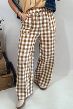 Blue Gingham Plaid Tie Elastic Waist Shift Pants