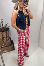 Blue Gingham Plaid Tie Elastic Waist Shift Pants