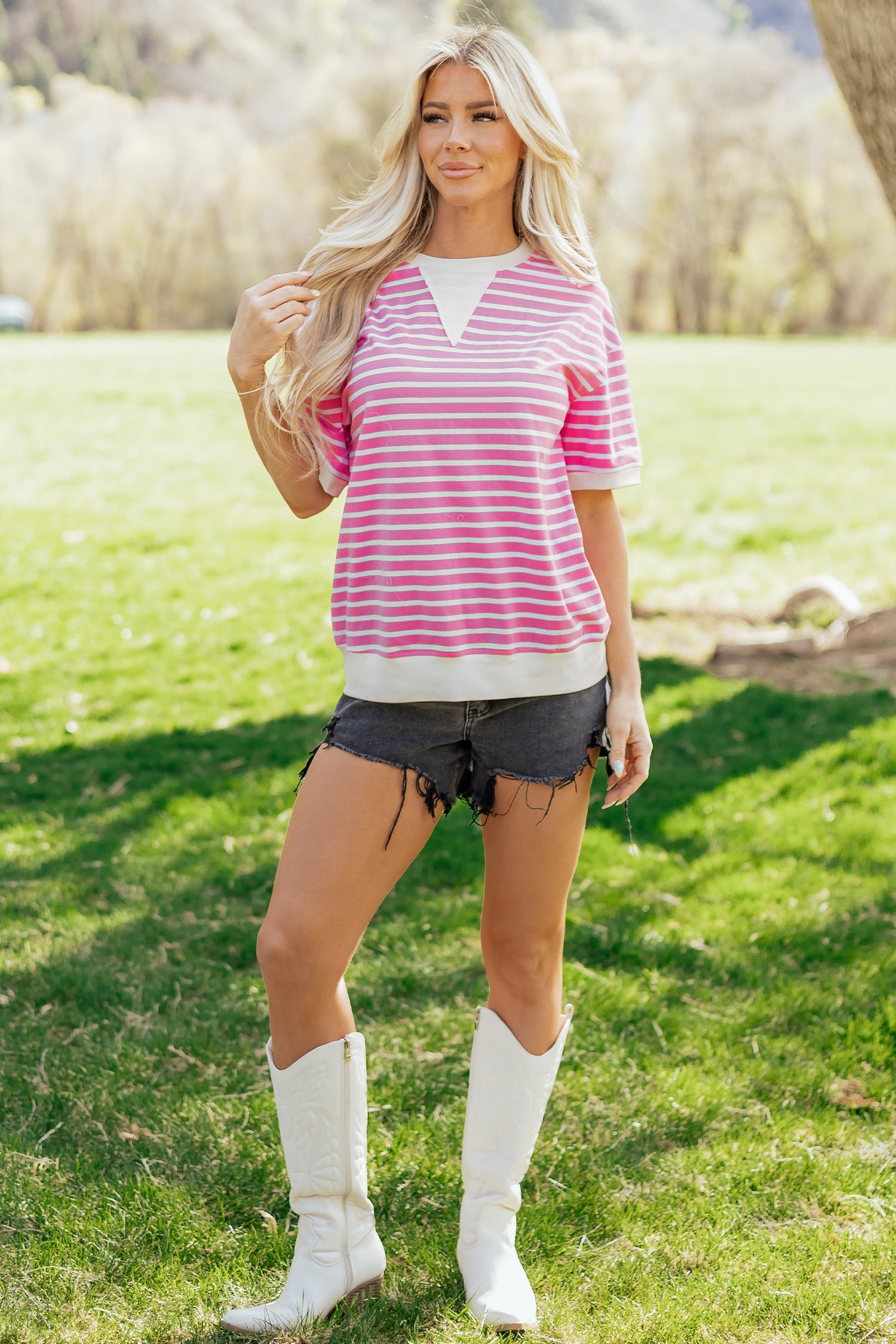 Pink Stripe Round Neck Drop Shoulder Short Sleeve Loose Top