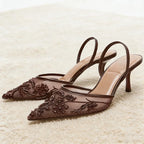 Mesh Embroider Slingback High Heels