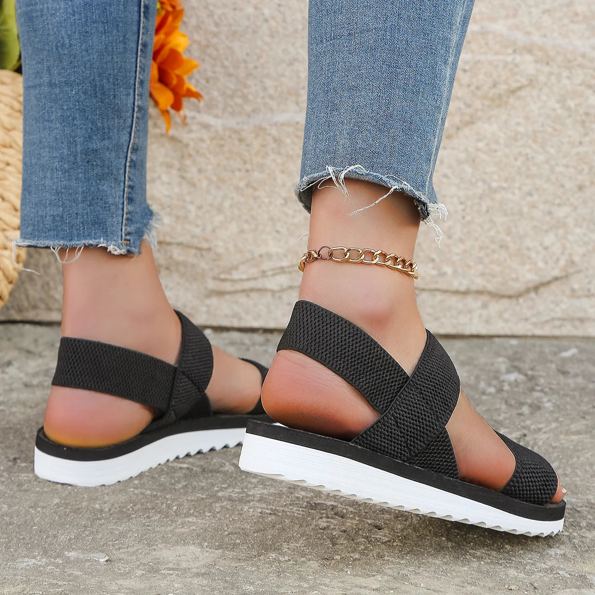 Pure Black Shoelace Flat Sandals