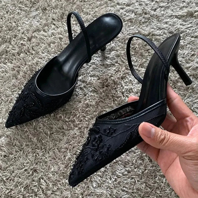 Mesh Embroider Slingback High Heels