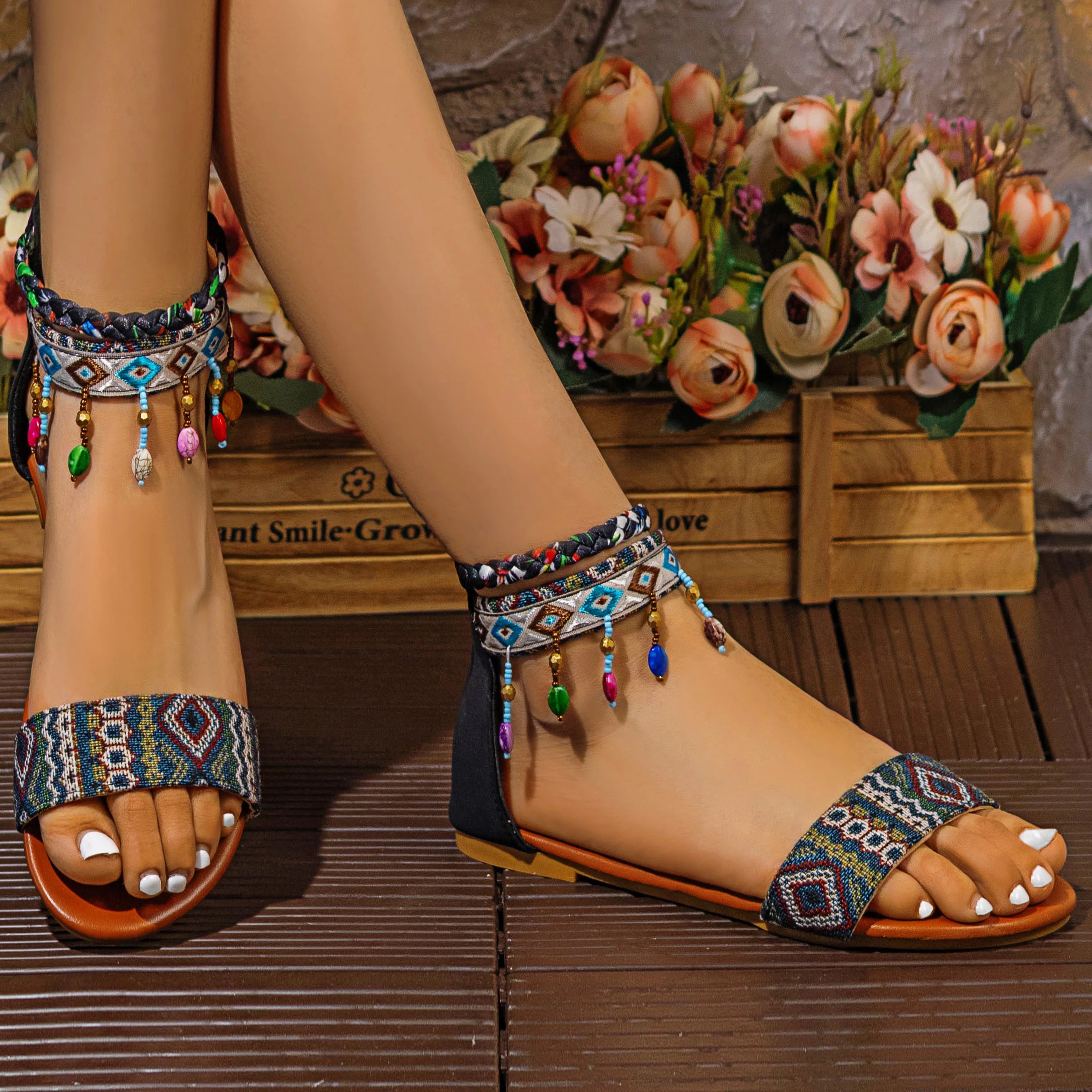 Back Zipper Bohemian Flat Shoes