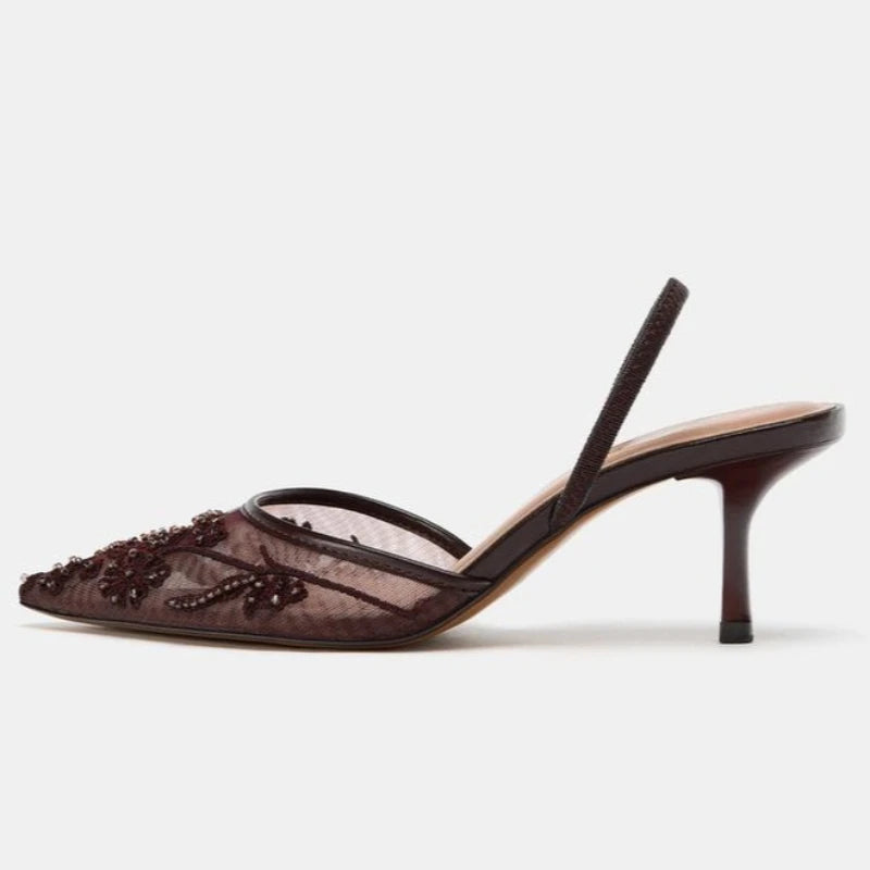 Mesh Embroider Slingback High Heels