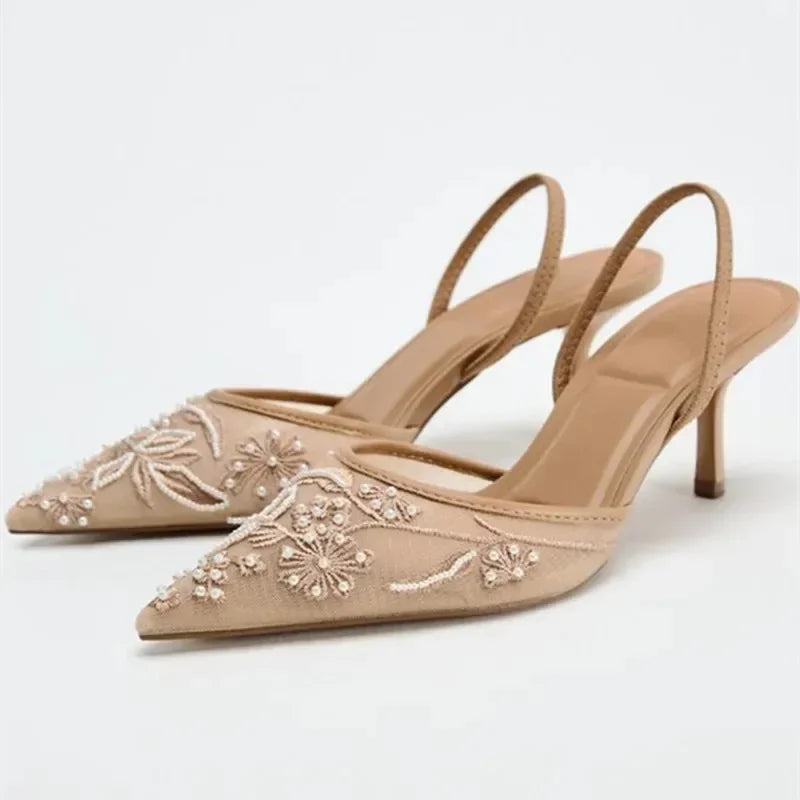 Mesh Embroider Slingback High Heels