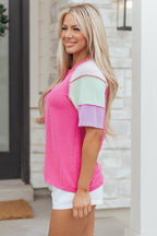 Bright Pink Twisted Ribbed Color Block Patchwork Henley Short Sleeve T Shirt