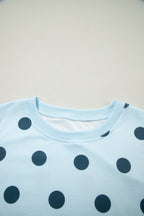 Sky Blue Ribbed Trim Polka Dot Print Tank Split Mini Skort 2pcs Set