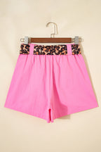 Bright Pink Leopard Contrast Sash Belt Pleated Wide Leg Shorts