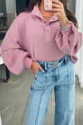 Light Pink Solid Color Textured Snap Button Collared Baggy Top