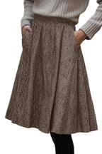Brown Solid Color Textured Pleated Midi Skirt