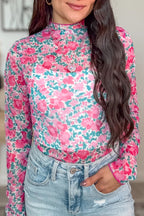 Pink Floral Print Slim Fit Mesh Long Sleeve Mock Neck Top