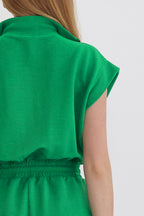 Bright Green Textured Short Sleeve Half Zip Drawstring Elastic Waistband Romper