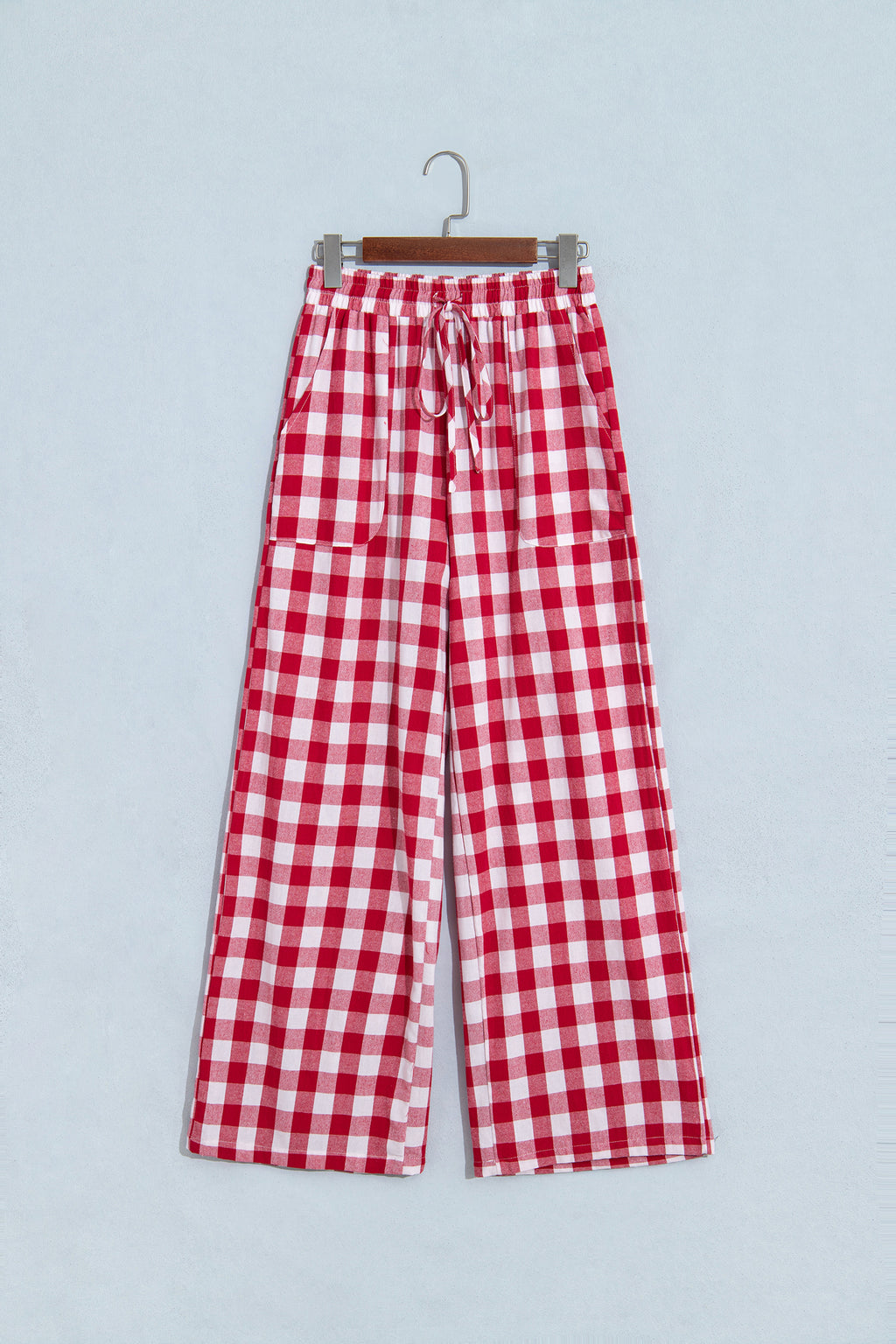 Blue Gingham Plaid Tie Elastic Waist Shift Pants