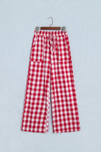Blue Gingham Plaid Tie Elastic Waist Shift Pants