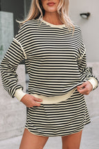 Black Stripe Textured Drop Shoulder Pullover Top Drawstring Mini Skort Two Piece Dress Set