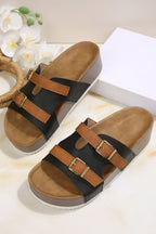 Color black Faux Suede Contrast Buckle Strap Retro Platform Slippers