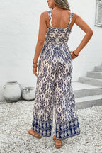 Blue Boho Geometric Print Shirred High Waist Wide Leg Jumpsuit