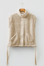 Beige Faux Fur Snap Button Front Knot Side Plush Vest with Pockets