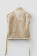 Beige Faux Fur Snap Button Front Knot Side Plush Vest with Pockets