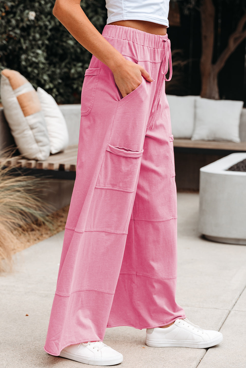 Bonbon Mineral Wash Exposed Seam Drawstring Elastic Waistband Wide Leg Cargo Pants