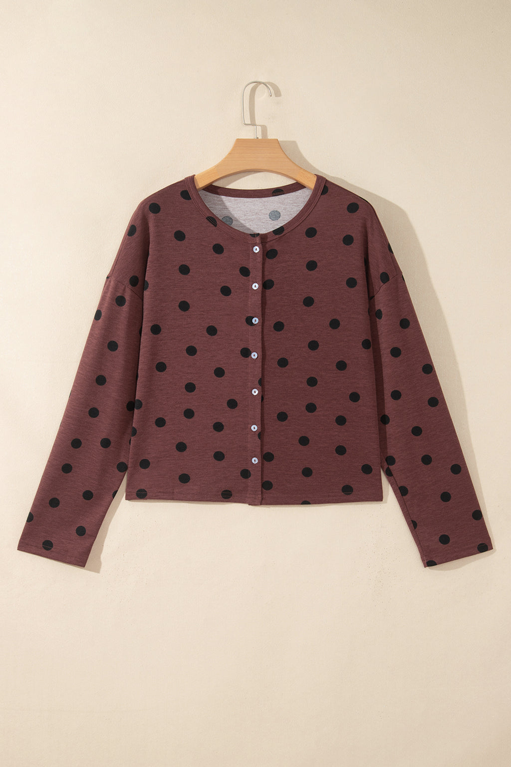 Brown Polka Dot Button Front Long Sleeve Casual Shirt