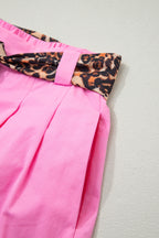 Bright Pink Leopard Contrast Sash Belt Pleated Wide Leg Shorts