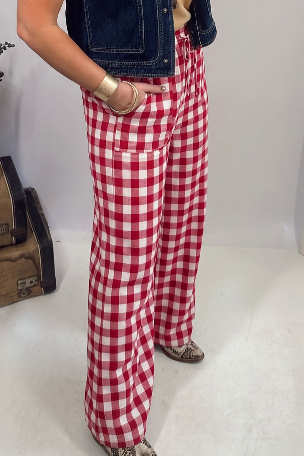 Blue Gingham Plaid Tie Elastic Waist Shift Pants
