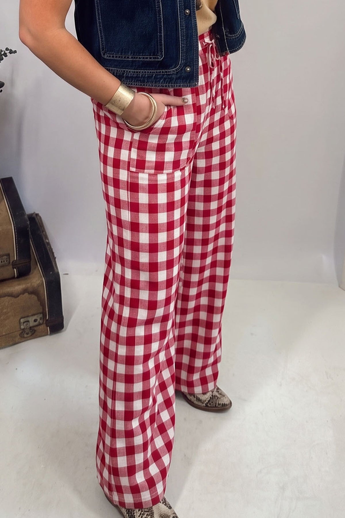 Blue Gingham Plaid Tie Elastic Waist Shift Pants