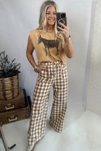 Blue Gingham Plaid Tie Elastic Waist Shift Pants