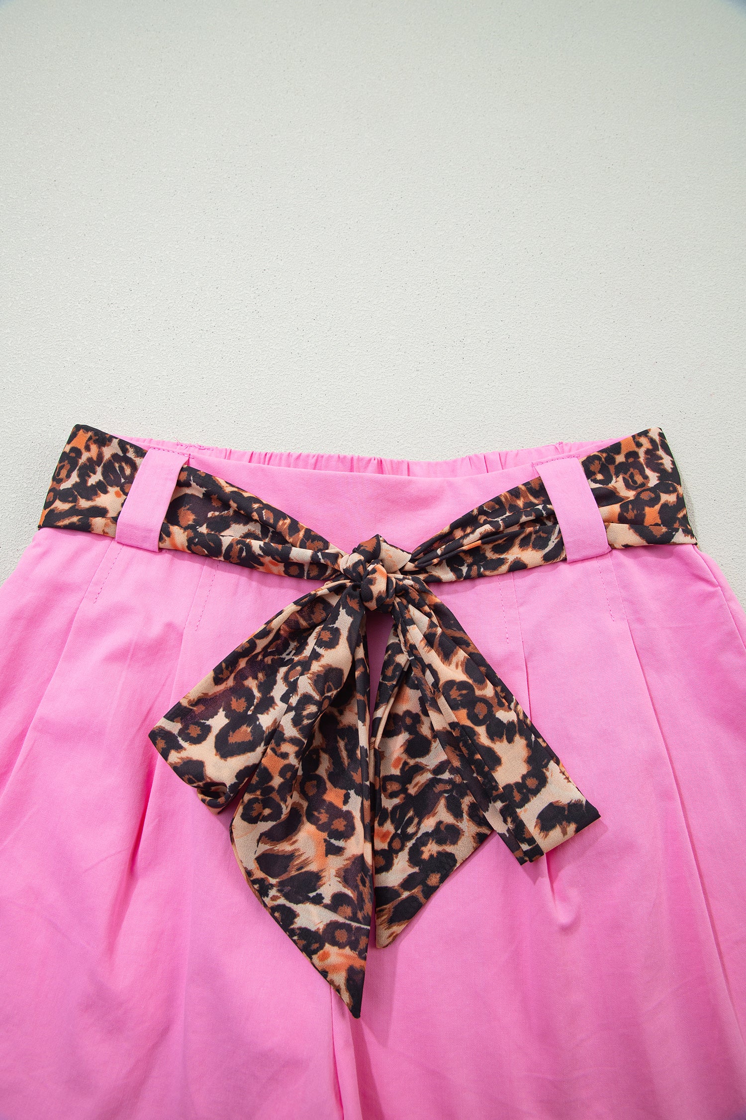 Bright Pink Leopard Contrast Sash Belt Pleated Wide Leg Shorts