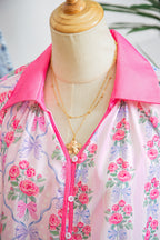 Purple Floral Collared Ruffled Half Sleeve Shirt