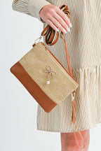 Beige Bow Pearl Decor Straw PU Leather Patched Crossbody Bag