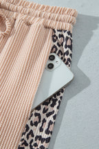 Parchment Leopard Print Twisted Ribbed Patchwork Long Sleeve Top Loose Pant Set