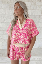 Rose V Neck Collar Leopard Printed 2pcs Short Set