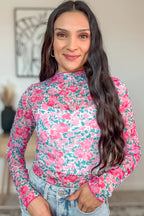 Pink Floral Print Slim Fit Mesh Long Sleeve Mock Neck Top