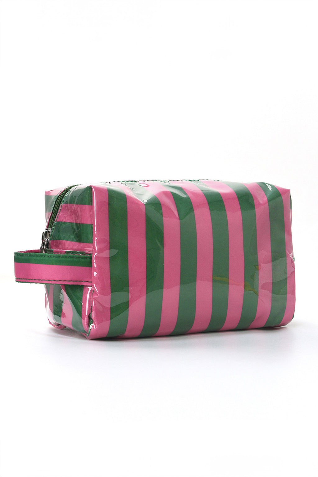 Rose Red PVC Striped Cosmetic Bag Durable Zipper Handle Travel Organizer