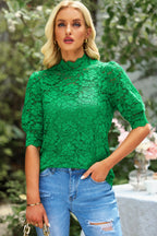 Green High Neck Lace Short Sleeve Blouse