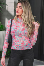 Pink Floral Print Slim Fit Mesh Long Sleeve Mock Neck Top