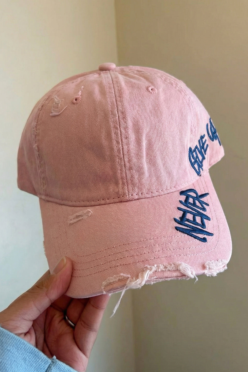 Light Pink NEVER GIVE UP Cotton Distressed Baseball Cap