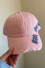 Light Pink NEVER GIVE UP Cotton Distressed Baseball Cap