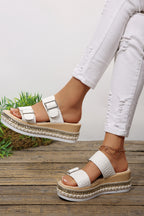 White Metallic Textured PU Leather Buckle Wedge Platform Slippers