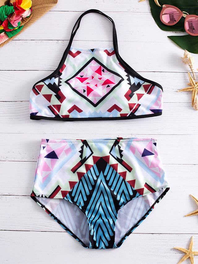 Women's Boho Halter Neck Blue Red Crop Top High Waist Bikini Swimwear-Swimwear-Walmel