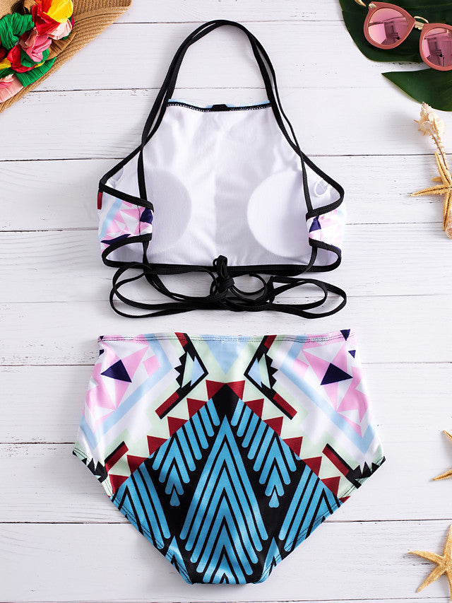 Women's Boho Halter Neck Blue Red Crop Top High Waist Bikini Swimwear-Swimwear-Walmel