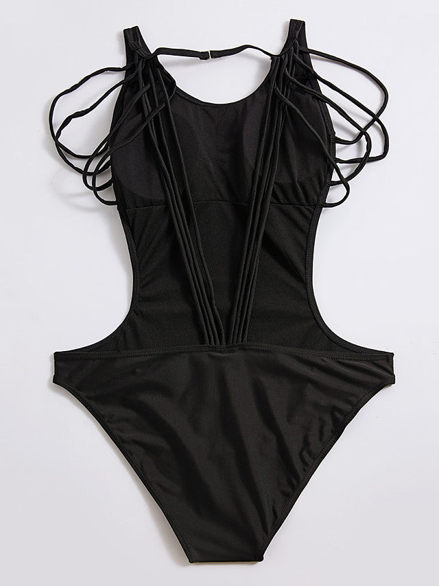 Women's Lace up Solid Sports Halter Neck One-piece Swimwear-Walmel