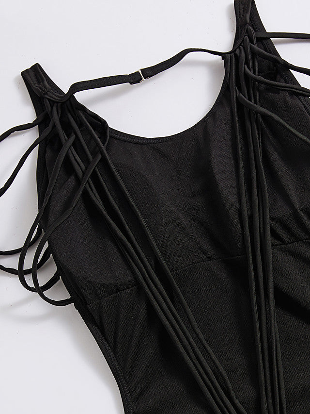 Women's Lace up Solid Sports Halter Neck One-piece Swimwear-Walmel