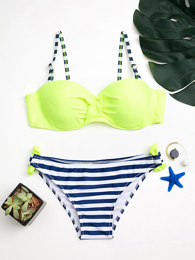 Women's Fine Stripe Plus Size Strap Yellow Blue Pink Bandeau-Walmel