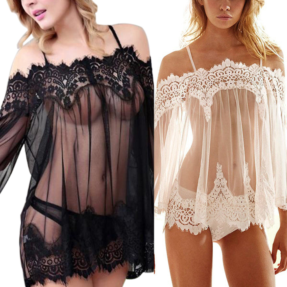 Women See-Though Off-Shoulder Dress Sleepwear - Walmel