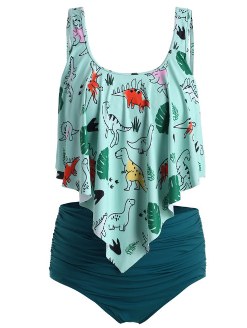 Dinosaur Print Ruffled Plus Size Women Set-Women&