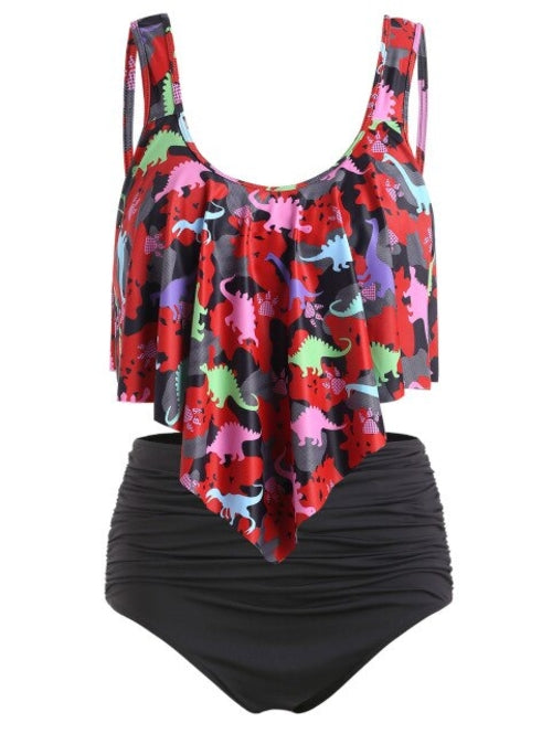 Dinosaur Print Ruffled Plus Size Women Set-Women's Clothing-Walmel